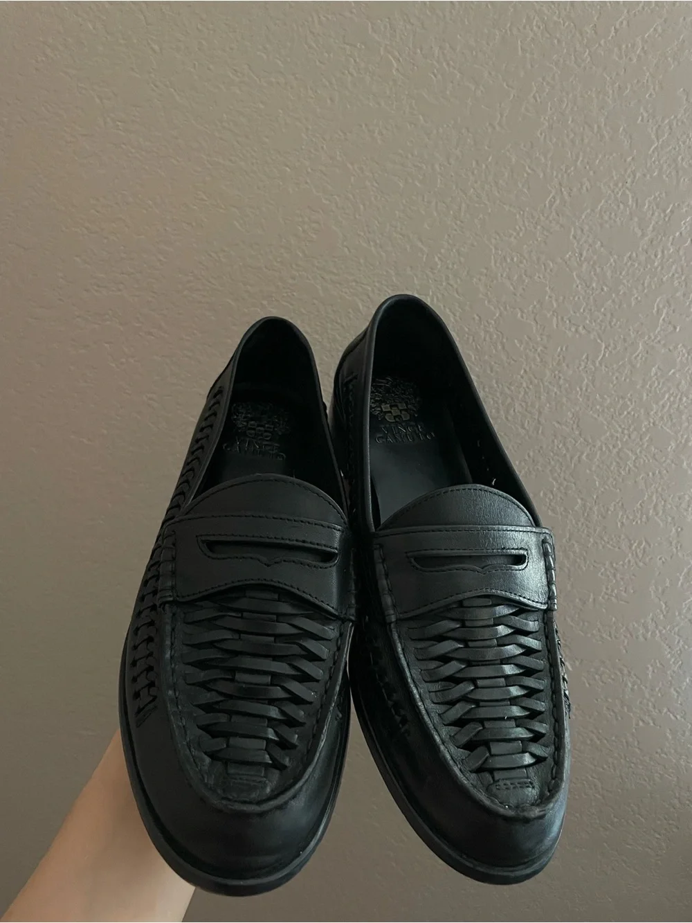 Vince Camuto Calie Black Woven Leather Penny Loafers Size 7.5